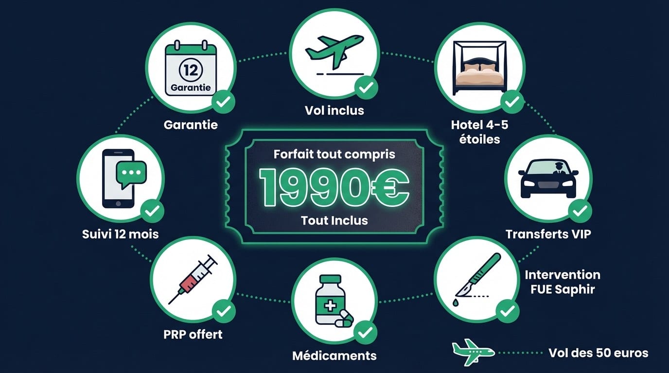 Forfait Tout Compris Greffe de Cheveux Istanbul | Renaissance Clinique Infographie forfait tout compris greffe de cheveux Istanbul : intervention, hôtel 4-5 étoiles, transferts VIP, médicaments, PRP offert, suivi 12 mois — à partir de 1 990 €