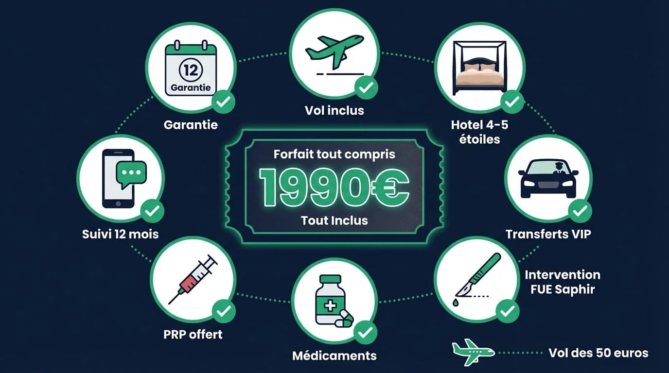 Forfait Tout Compris Greffe de Cheveux Istanbul | Renaissance Clinique Infographie forfait tout compris greffe de cheveux Istanbul : intervention, hôtel 4-5 étoiles, transferts VIP, médicaments, PRP offert, suivi 12 mois — à partir de 1 990 €