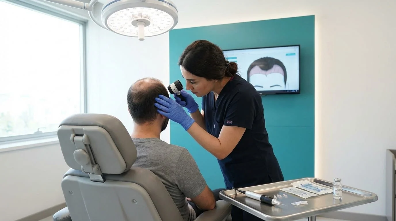 Consultation greffe de cheveux à Istanbul | Renaissance Clinique Consultation pré-opératoire dans une clinique de greffe capillaire à Istanbul — le chirurgien examine le cuir chevelu du patient avec un dermatoscope